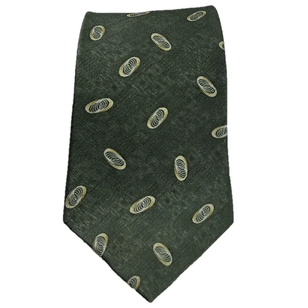 Van Heusen Green Silk Necktie Cream Geometric Accents Men’s 59